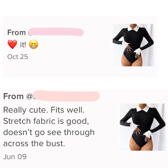 Black Bodysuit White Collar and Cuffs Ribbed Long Sleeve - Picture 10 of 10